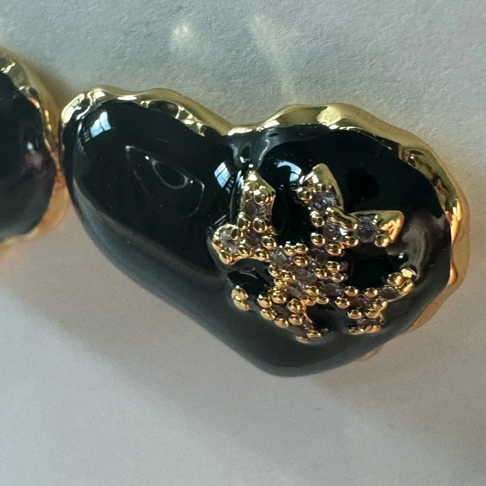 Tory Burch New Kira Black Enamel Heart Pave Crystals Gold-Toned Stud Earrings